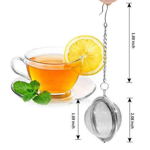 Two Pack 2.1 Inch Stainless Steel Mesh Tea Ball Infuser Strainer Filters For Teas Durable 304 Grade Tea Filter Basket with cup of tea