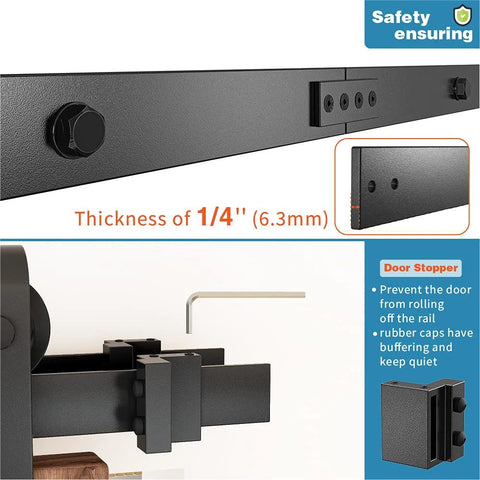 Close-up of 13 Foot Double Track Bypass Sliding Barn Door Hardware Kit for Two Doors with J Shape Hangers, showing door stopper.