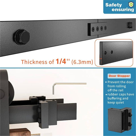 Close-up of 9 Foot Double Track Bypass Sliding Barn Door Hardware Kit with 1/4 inch thick black coated rail and stopper
