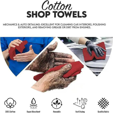 Person cleaning hands with Red Cotton Shop Towels Pack Of 150 14 By 12 Inches Reusable Cleaning Rags for Auto Garage Industrial.