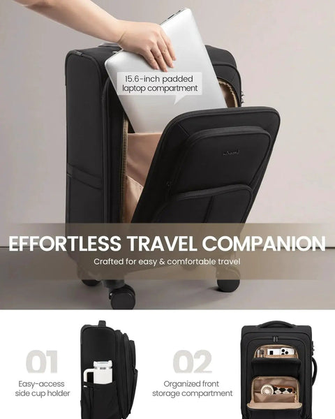 Airline Approved 22x14x9 Carry On Luggage With Spinner Wheels LOVEVOOK Lightweight suitcase with TSA lock showing laptop compartment