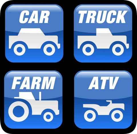 Automotive icon set: four blue rounded-square icons with white car, truck, farm tractor, and ATV silhouettes.