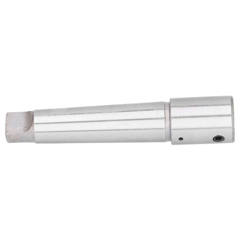 Side view of silver MT4 to R8 taper arbor sleeve drill adapter, metal with two holes near end.