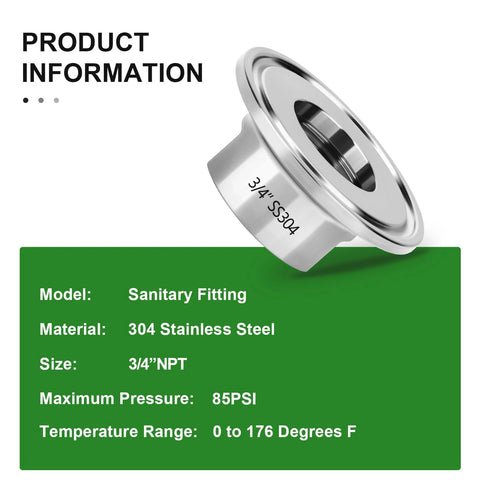 Sanitary fitting, 1.5-inch tri-clamp to 3/4-inch NPT female, 304 stainless steel