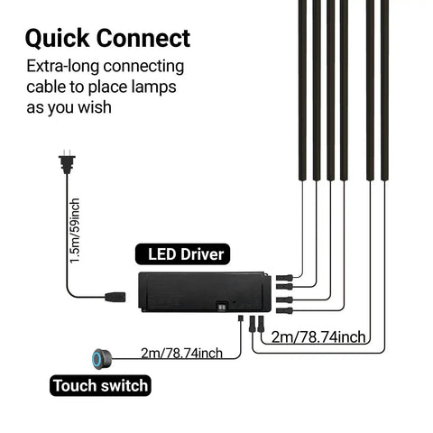 Black LED Recessed Lighting Kit Dope Six Pack Sixteen Inch 3000K Dimmable Warm White Lights with touch switch diagram