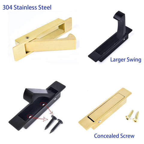 Sliding Pocket Door Handles 304 Stainless Steel Non Locking Pocket Door Hardware Recessed Flush Finger Pull Edge Pull Heavy Duty 6 Inch Satin Brass Finish Set with images of gold and black handle options, screws included, and labeled features such as concealed screws and larger swing.