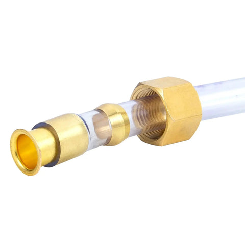 Close-up of a brass compression fitting with sleeve and insert, part of the Brass Compression Fittings Kit With Six Sizes Assortment One Eighth To One Half Inch Includes Sleeves Ferrules And Inserts For Air Water Fuel Oil And Gases Great For Home Workshop Quick Connects And Durable Brass Construction.