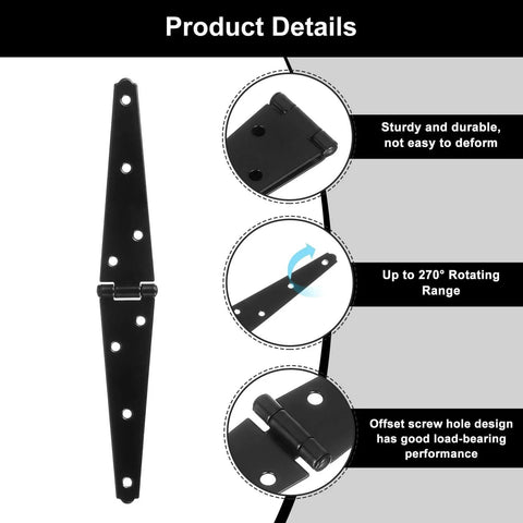 4 Pieces Strap Hinges 5 Inch Heavy Duty Gate Hinge With Screws For Wooden Fences Yard Doors Barn Gates Iron Construction Durable Outdoor Indoor Use Black with detailed product description and features displayed.
