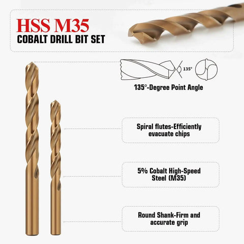 13 Piece Cobalt Drill Bit Set With M35 High Speed Steel 1/16 Inch To 1/4 Inch For Hardened Metal Stainless Steel Cast Iron And Wood Plastic