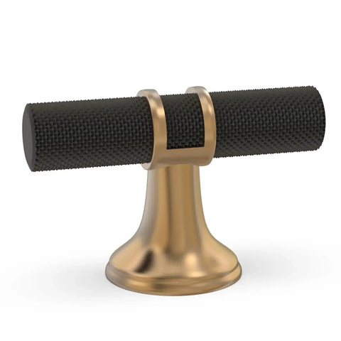 10 Pack Matte Black and Champagne Bronze Knurled Cabinet Knobs and Drawer Pulls, Solid Aluminum and Zinc Alloy Hardware, close-up view.