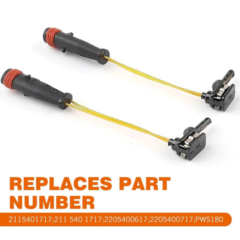 Pair of black brake pad wear sensors with yellow wires, orange grommets, and plug connectors
