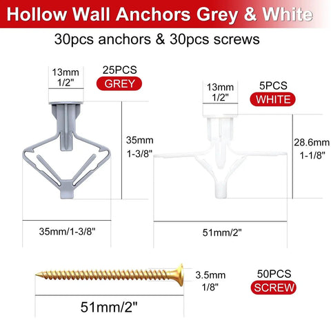Hollow Wall Anchors Kit With Screws Grey And White Plastic Drywall Anchors Set Of 60 And 30 Screws Self Drilling Zinc Plated Hardware