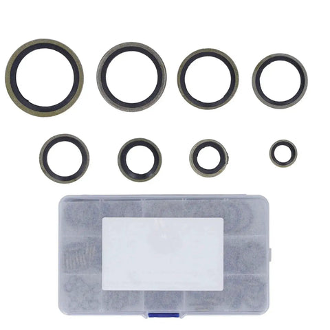 Heavy Duty 110 Piece Metal Bonded Oil Seal Washers Kit With High Temp Rubber O Rings displayed with storage box in 8 size set.
