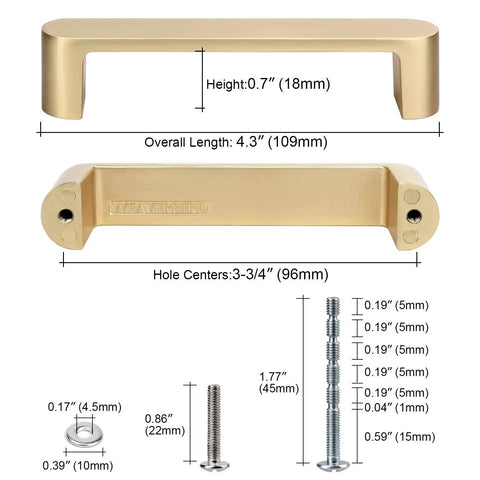 Brushed Brass Cabinet Handles 4 Pack Gold Drawer Pulls 3-3/4 Inch 96mm Hole Spacing 109mm Overall Length 18mm Projection Diagram