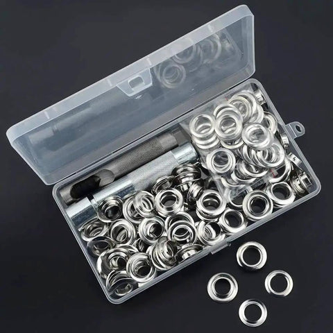 Grommets One Half Inch Heavy Duty Metal Eyelets Kit For Fabric Curtains Tents And Boat Covers Repair Hammer On Grommet Set, open box view