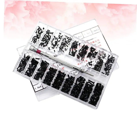 Miniature Countersunk Screw Set With Transparent Storage Case for glasses, watches, DIY projects, showing tool and screws.