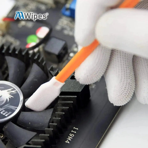 Close-up of Lint Free Cleaning Swab Kit for Printer Optics Camera 100 Packs 5 Types used on electronic circuit board.