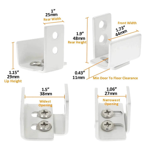 Adjustable wall mounted barn door guide for grooved and non grooved doors, includes measurements and screws for installation.