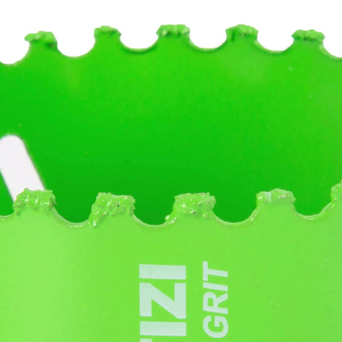 Close-up of green HLOFIZI carbide grit hole saw, designed for cutting stucco and drywall, three and one half inch size.
