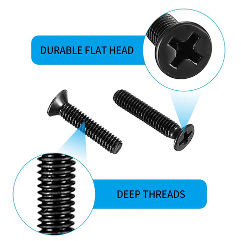 M4 Flat Head Machine Screws And Nuts Kit 275 Piece Black Countersunk Phillips Head Screws shown with deep threads