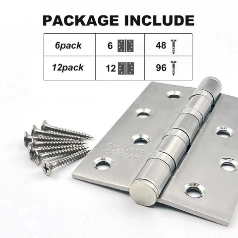 6 Pack Stainless Steel Door Hinges For Exterior And Interior Doors 4x3 Inches Heavy Duty Square Corner Hinges package with screws