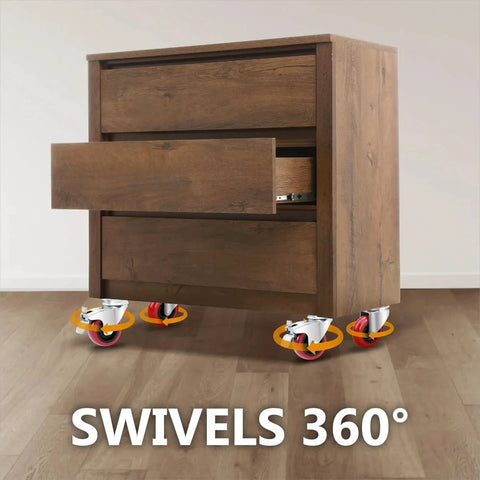 Wooden cabinet with 2 inch swivel casters, two brakes, two non-locking, red polyurethane wheels, smooth floor rolling.