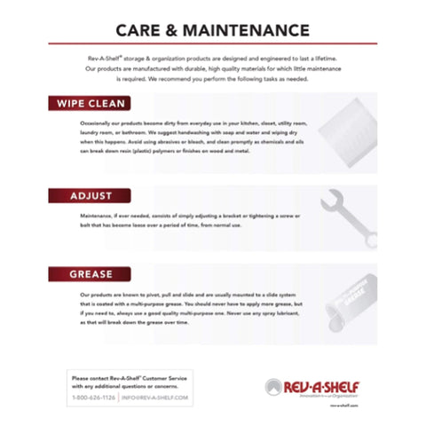 Care and maintenance instructions for Rev-A-Shelf products, including cleaning, adjustment, and lubrication guidance.