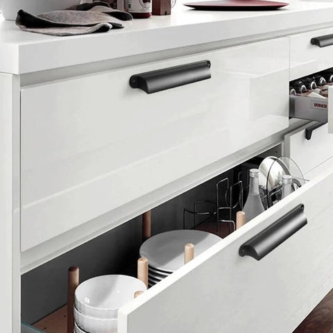 Six Pack Black Cabinet Cup Pulls And Drawer Handles, 5.04 Inch Center To Center Zinc Alloy Bar Pulls For Cabinets Wardrobe Kitchen And Bathroom, Modern Hardware For Cupboard Doors In Black Finish 128mm Center Distance installed on white drawers
