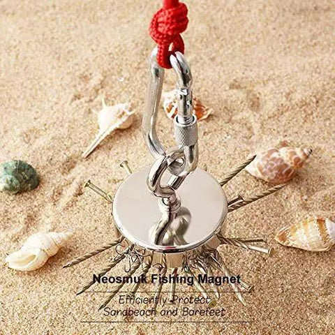 550Lb Heavy Duty Magnetic Fishing Kit With Rope For Salvage And Treasure Hunting on sandy beach with shells