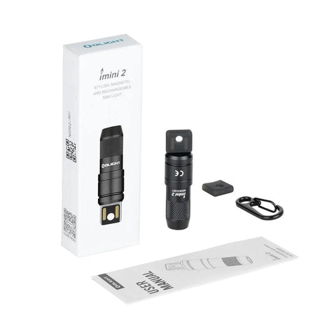 Imini 2 EDC Rechargeable Keychain Flashlight with 50 Lumens Output, box, carabiner clip, user manual, and magnetic cap visible
