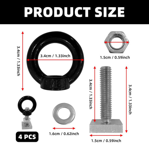 Heavy Duty 4 Pack M8 T Slot Bolts With Eye Nuts For Roof Racks, size diagram showing eye bolt, nut, and measurements.
