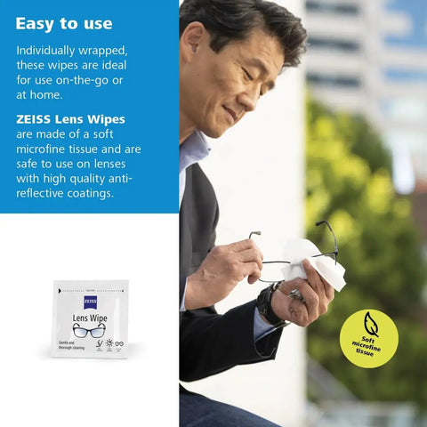 Man using ZEISS Lens Wipes Pre Moistened for Glasses and Sunglasses Safe for Coatings, individually wrapped, outdoors setting.
