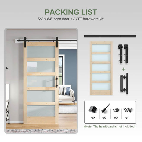 36 By 84 Inch Glass Sliding Barn Door Slab With 6.6 Foot Hardware Kit Included, 5 Panel Frosted Glass, Spruce Wood Support