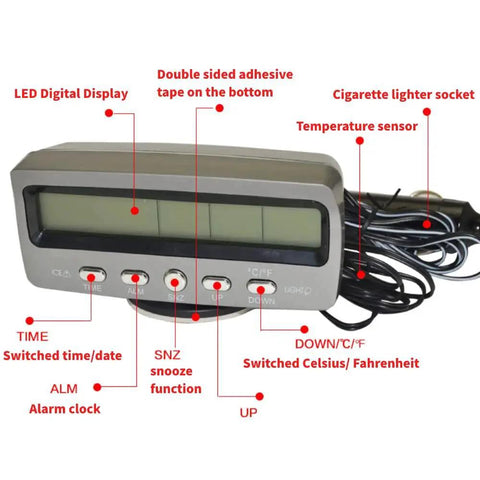 4 In 1 LED Car Monitor Clock Temperature Voltage Backlit Display 12V front view with buttons and wiring details.