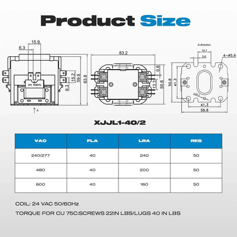 Diagram of 2 Pole 40 Amp 24V AC Contactor for HVAC outdoor units with dimensions and specifications, including silver alloy contacts and copper coil.