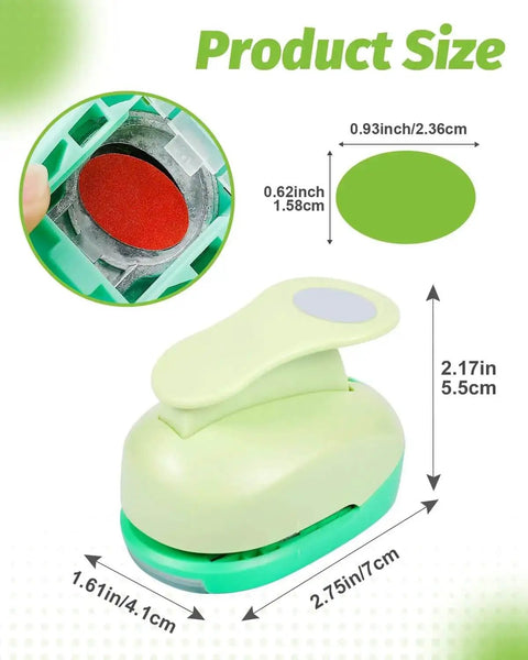 Oval Hole Punch 1 Inch For Crafting And Scrapbooking, green zinc alloy paper puncher with size dimensions and red internal pad