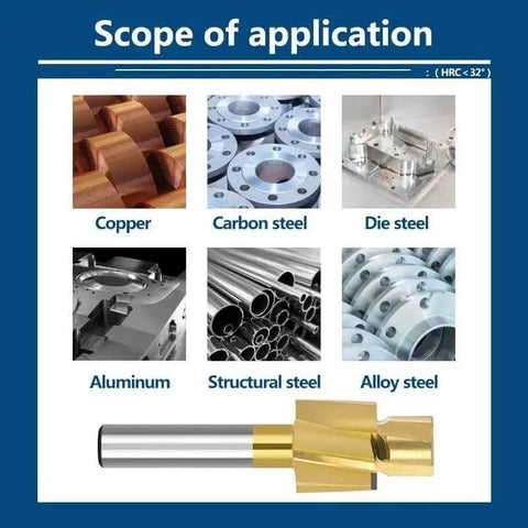 Pro Grade Counterbore End Mill HSS Milling Cutter For Metal Milling With Pilot Hole Counterbore Cutter M4.2x7.4x6x50 Heavy Duty Tooling For Copper Aluminum Steel And Cast Iron WZFC, shown with scope of application for various metals.