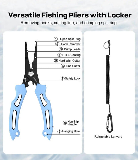 All In One Fishing Tool Kit With Pliers Fillet Knife Scissors Lip Gripper Ruler And Braided Line Scissors For Saltwater Fly Ice Fishing Gifts For Men Sidomma Pro Gear showing blue pliers with lanyard and labels.