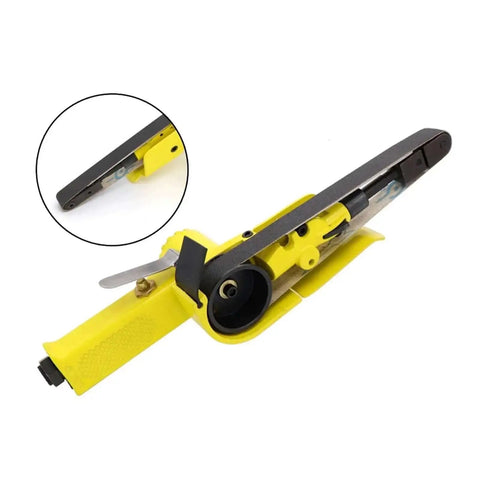 Yellow Air Belt Sander Polisher Kit With 20x520mm Belt, pneumatic DIY sanding belt attachment for grinders, angle grinder style tool.