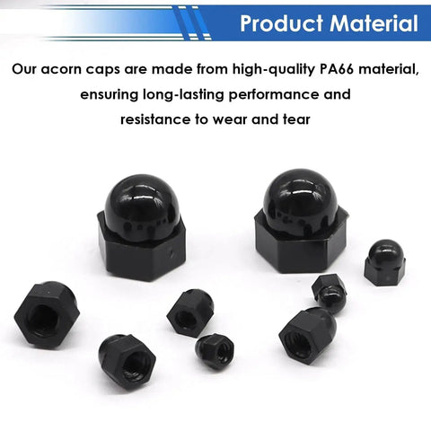 Assorted black hex acorn cap nut covers in PA66 nylon, includes Six Size Hex Acorn Cap Nut Covers Kit For M3 To M10 Bolts, Nylon Screw Caps.