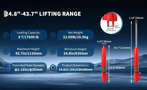 Specifications of 8 Ton Long Ram Hydraulic Jack With Clevis Base And Air Pump For Engine Hoists highlighting dimensions and capacity