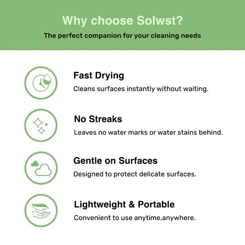 Features of Solwst Optix Lens Cleaning Wipes Pre Moistened For Glasses And Screens Streak Free Safe, highlighting fast drying and portability.