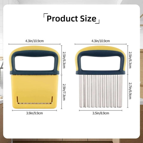 Crinkle Cutter Wave Knife, Stainless Steel Blade With Protective Case And Handle, Yellow, Product Size Dimensions Shown.