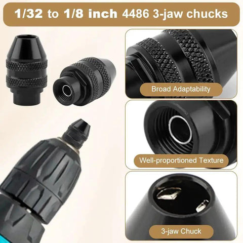 Pro-Grade Rotary Tool Chuck Collet Set 1/32 Inch to 1/8 Inch Shank, 3-Jaw Alloy Chucks, Quick-Change Adapter with Brass Collets displayed