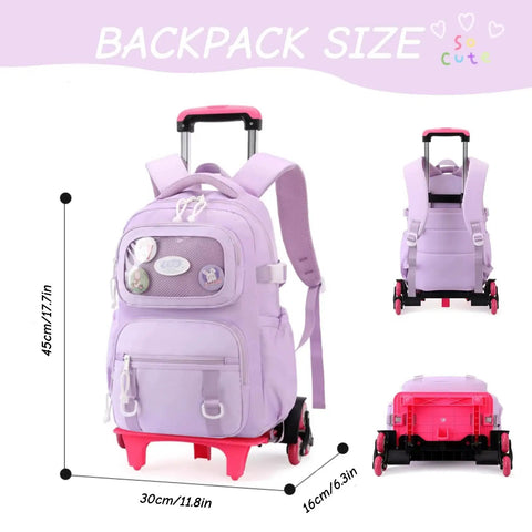 Girls Rolling Backpack For School With Wheels Durable Lightweight Polyester Trolley Bag For Boys And Girls, With Size Specifications