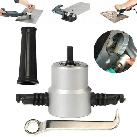 Double Head 360 Degree Metal Nibbler Cutter For Cutting Plastic And Metal Sheets with attachments and examples of use
