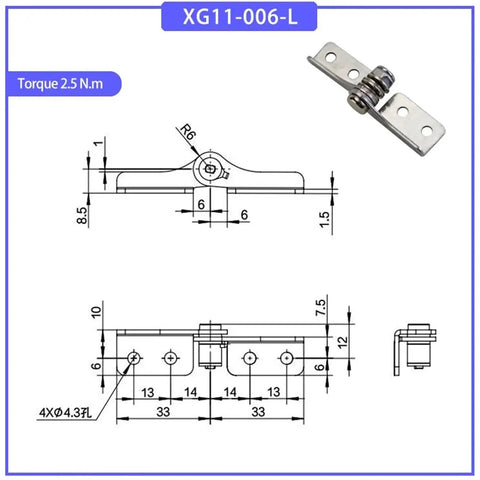 Stainless steel damping hinge XG11-006-L with 2.5 N·m torque and four-hole mounting plate (front/side views).