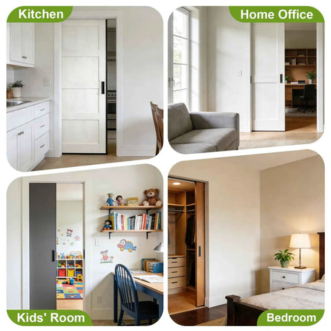 Five Point Three Foot Pocket Door Track Kit With Soft Close And Soft Open Aluminum Commercial Grade Sliding Hardware installed in home settings including kitchen, home office, kids' room, and bedroom.