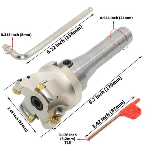 Face Mill Cutter Holder EMRW 6R 63 22 R8 FMB22 Seven Sixteenth Inch RPMT1204 Hard Alloy Blade with 8mm and T15 spanner shown