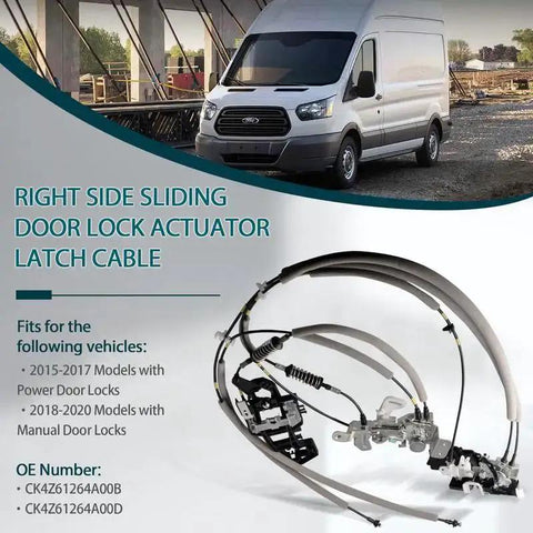 Ford Transit Right Side Sliding Door Lock Actuator Latch Cable Replacement for 2015 to 2017 Transit 150 250 350 350 HD and Thomas Transit Liner CK4Z61264A00B D product image with van and actuator components.
